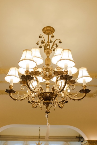 Chandelier, French Bronze 12 lights w/shades,  Approx. 34"H 24"W