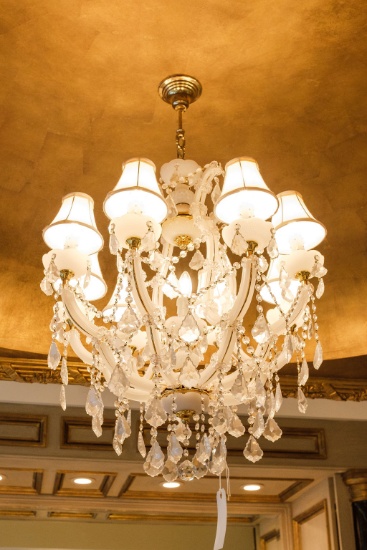 Chandelier, Frosted Glass  w/clear prisms 8 lights,  Approx. 40"H x 24"W