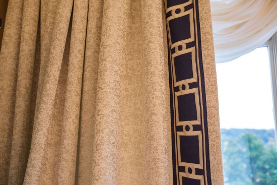 Set (4) Drapery Panels , Ivory and silver woven fabric with wide cobalt blu