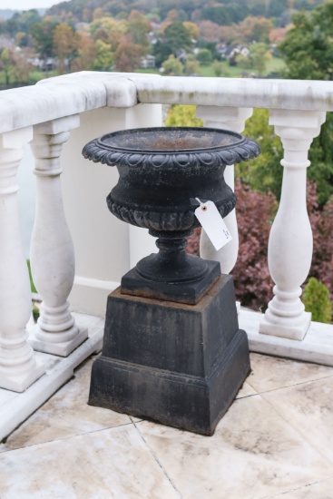 Pair (2) of Victorian cast iron garden urns on pedestal, Approx.  32"H x 20
