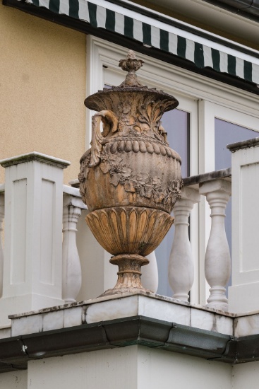 Pair (2) of Weathered terracotta urns with lids, Approx.   62"H x 24"w