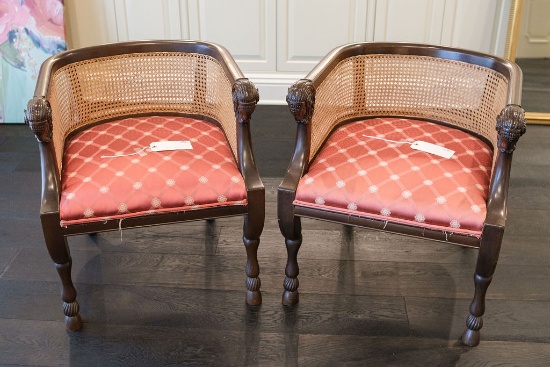 Pair (2) of tub chairs w/Cain back and rams head arms w/goat foot, Approx.