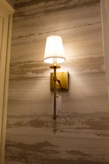 Pair (2) of sconces brushed brass  w/white shades, Approx.   19"H x 4-1/2"W