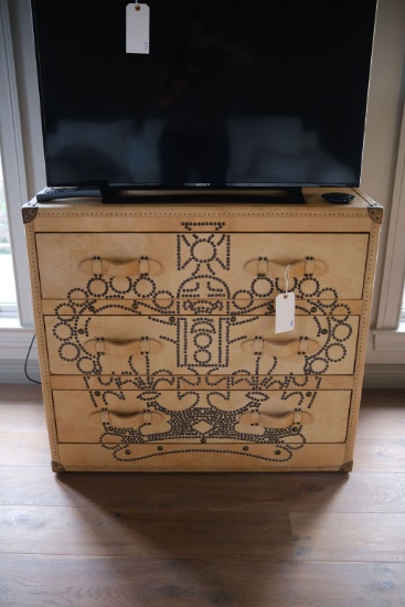 Chest - 3 drawers tan leather,  leather handles and pulls, brass corners w/