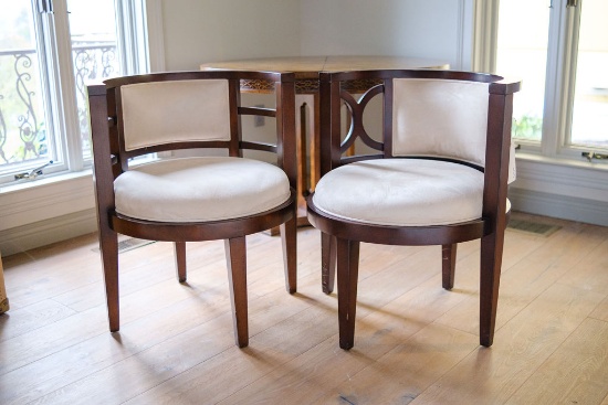 Qty of (2) of tub chairs- nuvuck upholstery mahogany finish, Approx.   30"H