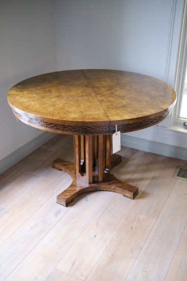 Table burl wood veneered top fret work apron, Approx.  44" Dia. X  29"H