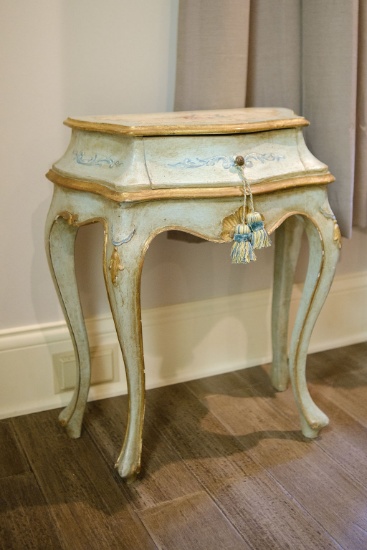 Italian provincial small table serpentine front hand painted destressed gol