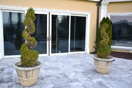 Pair of (2) medium concrete planters with raised bands, Approx.   24"H x 32