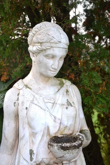 Painted concrete classical figure on painted base, Approx.   74"T x 24"W x