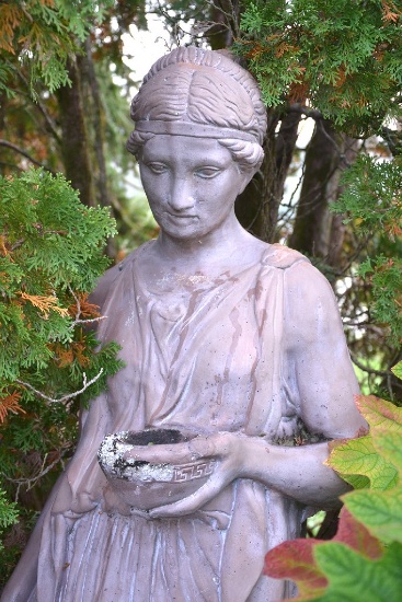 Painted concrete classical figure on painted base, Approx.   74"T x 24"W x
