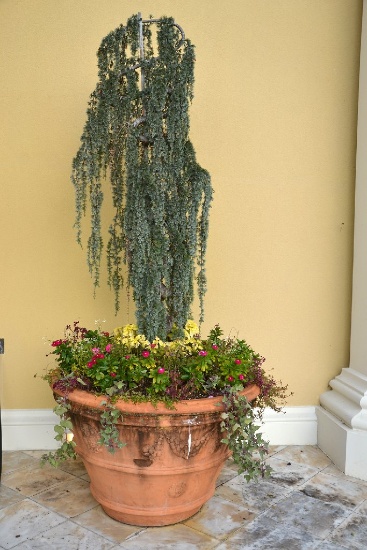 Pair (2) of extra large terra cotta planters w/raised bands and swags, Appr