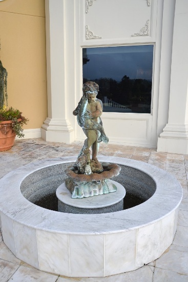 Copper fountain, nude boy holding fish standing In a shell, Approx.   56"T