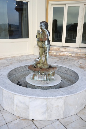 Copper fountain, nude boy holding fish standing In a shell, Approx.   56"T