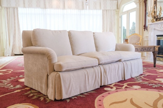 English Arm Sofa w/dress maker skirt, spring down cushions, velvet upholste