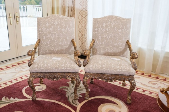 Pair (2) of Arm Chairs, Italian Baroque Style, w/distressed gilt finished a