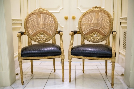 Pair (2) of Arm Chairs, Louis XVI,  cane back  w/ stamped leather upholster