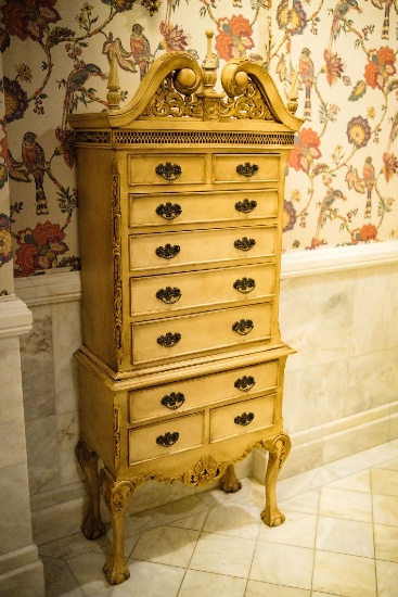 Miniature Highboy, Chippendale w/broken pediment on top,  painted ivory fin