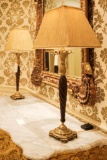 Pair (2) of Lamps, brass and carved stone w/rectangular gold silk shades, A