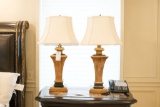 Pair (2) of Lamps, gold and black square urn shaped with linen shades,  App
