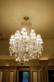 Chandelier, Glass & Brass with prisms 18 lights w/shades (missing 4 prisms