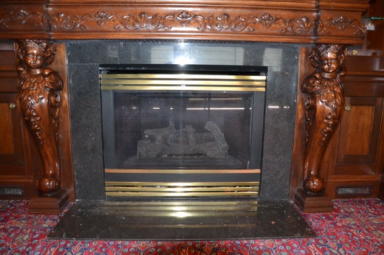 Hand Carved Wooden Mantel, Mahogany with cherubs,  Heat N Glow Gas Insert,