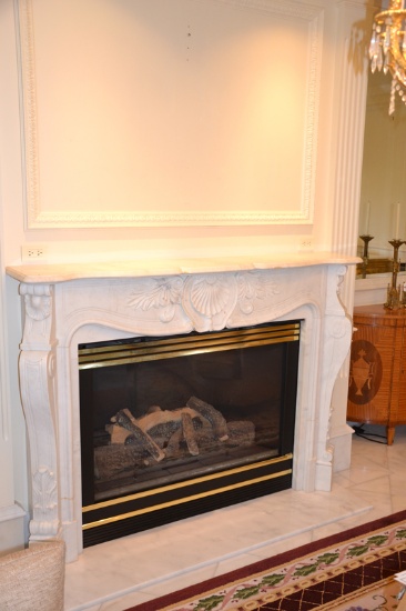 Renaissance Revival Marble Mantle, white w/shell motif and ogee pilasters,