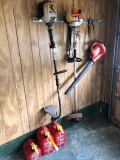 Qty. 2 String Trimmers, electric hand held blower , and Qty. 3 gas cans