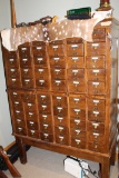 Antique Wooden Card File And Remaining Contents, Locks, Optic Cleaning Supp