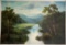 Unframed Ron Williams Original Painting, Wooded Stream With Mountains In Ba