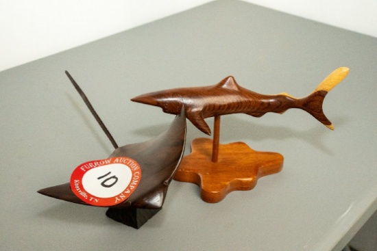 Hand Carved Wooden Shark & Hand Carved Wooden Stingray, From Paraguay