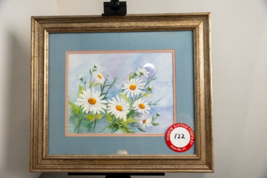 Framed Under Glass Original Painting, Edna Sterling, Daisy Scene, 22.25" X