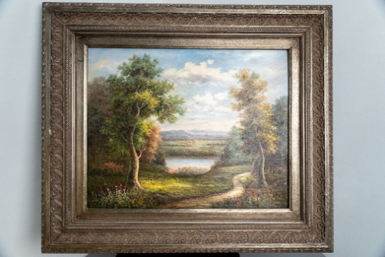 Framed Original Painting, Unsigned, Landscape Scene, 28.25" X 24.25"