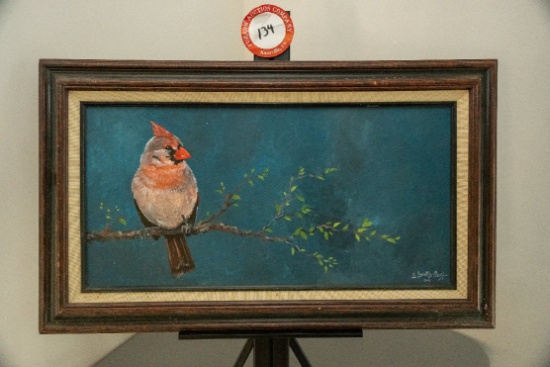 Framed Original Painting, L Lavelle Cost, Cardinal On A Branch, 29.5" X 17.
