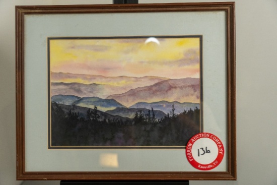 Framed Under Glass K L Brown Original, Dated 1988, Mountain Scene, 20.25" X