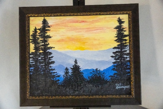 Framed Original Painting By Gail Carroupakis, Morning In The Smokies, 23.5"
