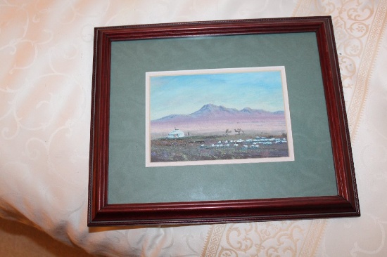 Framed Under Glass Hand Painted Gobi Desert Mongolia, Unknown Artist, 10.5"