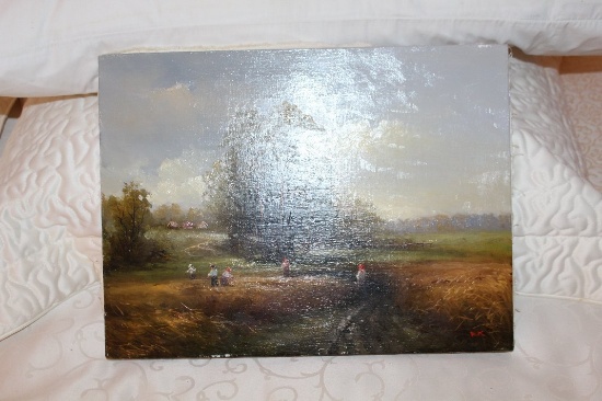 Unframed Stretched Canvas Original Painting, Signed Ek, Farm Scene, 16" X