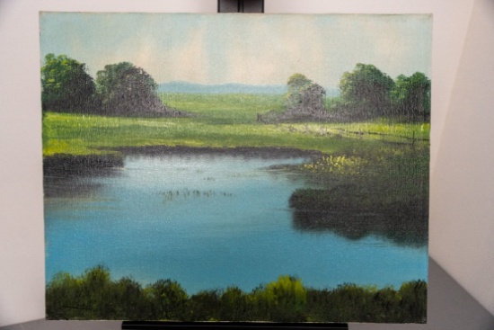 Unframed, Stretched Canvas Original Painting, Signed Merrell, Farm Pond Sce