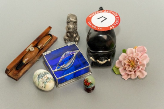 Three Figurines (wooden Snail, Brass Squirrel Glass Flower, Cobalt Blue Gla