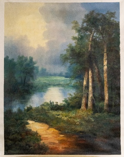 Unframed Ron Williams Original Painting, Country Road With Lake & Mountains