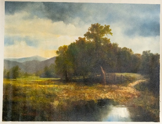 Unframed Ron Williams Original Painting, Pastoral Scene With Fence & Pond,