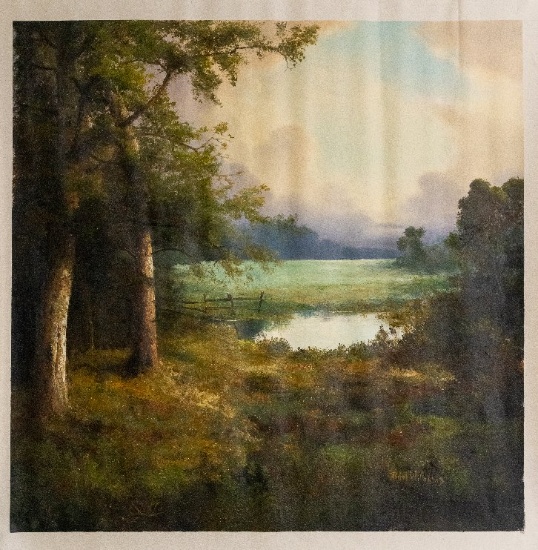 Unframed Ron Williams Original Painting, Pastoral Scene With Pond & Fence I
