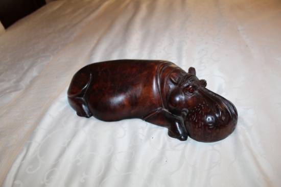 Carved Wooden Hippo, 15.25" L X 4.5" H X 7.25" W