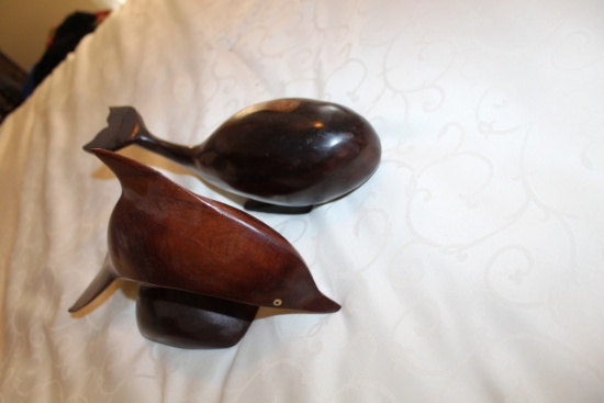 Pair Of Carved Wooden Dolphin/whale, Dolphin 12" L X 7.5" H X 4" W, Whale 1