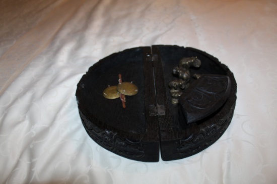 Carved Wooden Box, African With Brass Elephant Figurines (5)