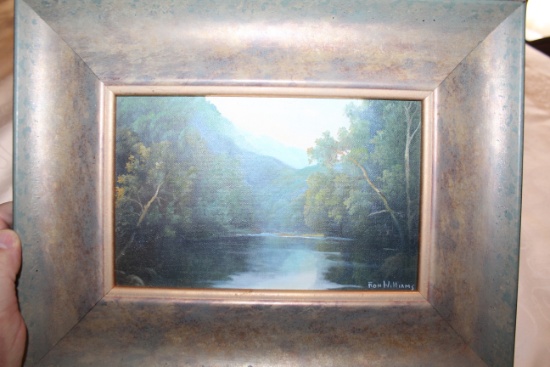 Framed Ron Williams Original Painting On Canvas, Mountain River Scene, 14.5