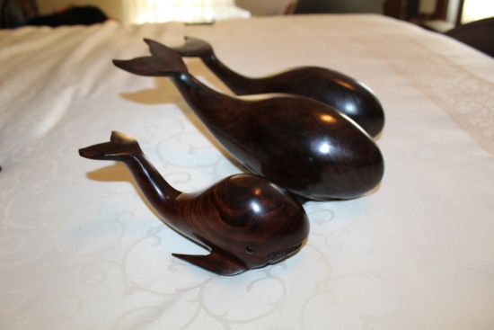 Collection Of 3 Carved Wooden Whales From Acapulco, One 11.25" L, One 11.5"