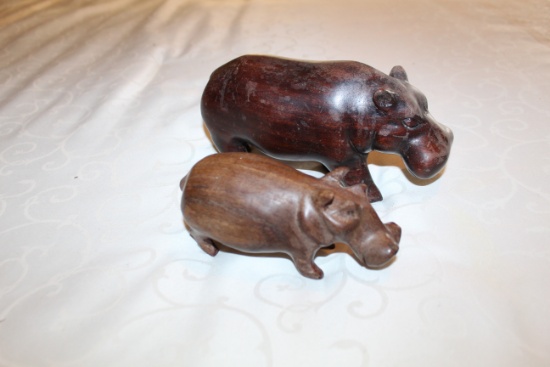 Pair Of Carved Wooden Hippos, One 9" L, One 5.5" L
