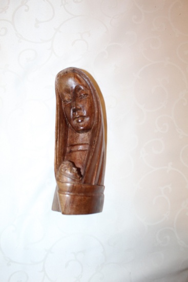 Carved Wooden Statue Of Mother & Child, 8.5" Tall