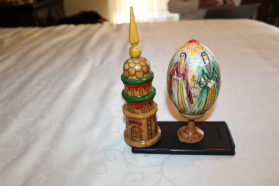 Hand Painted Wooden Egg With Stand, From Georgia (russia), Hand Carved Wood